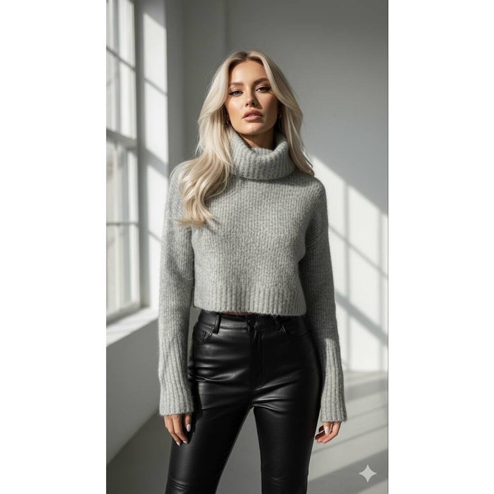 & Other Stories Fold-Up Cuff‎ Turtleneck Cropped Jumper Grey XS Wool Alpaca